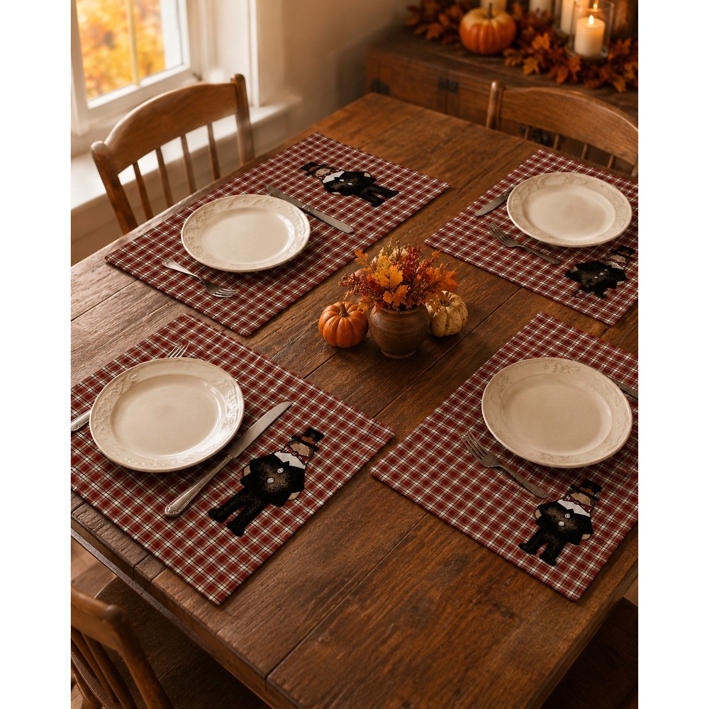 Thanksgiving Pilgrim Plaid Placemats Set of 4 Red Black Cream Autumn Decor